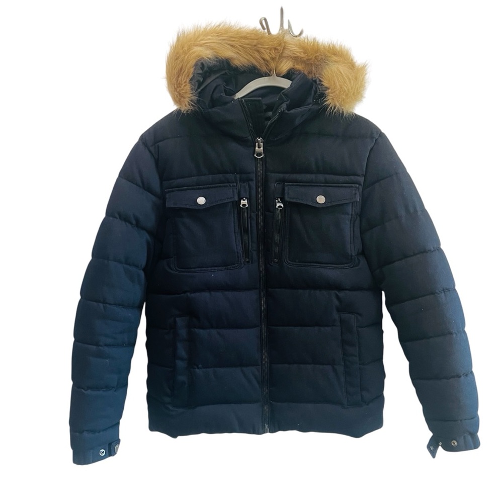 Zara distressed denim black puffer jacket with faux fur hood.